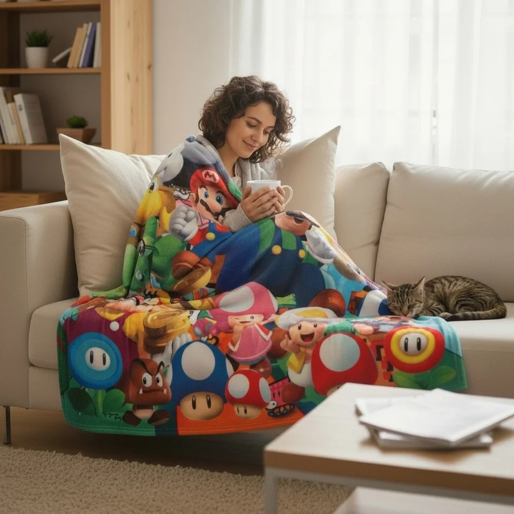 Nintendo Super Mario Bros fleece throw w/friends from the Mushroom Kingdom NWT